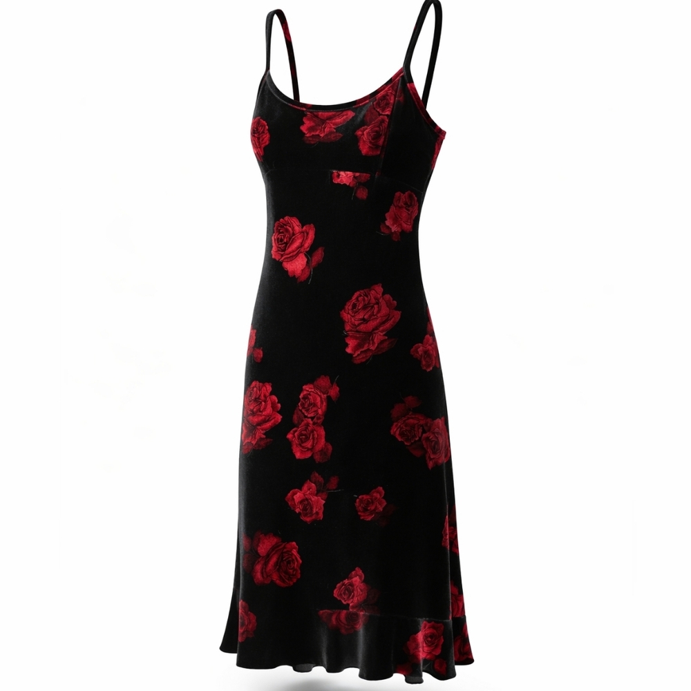Vintage Black Velvet Slip Dress with Red Rose Print